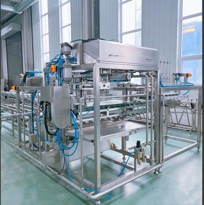 Automatische machine voor het snijden en omhullen van bonenkoekjes voor de tofuproductie, capaciteit 1500 B/h